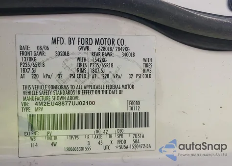 2007 Mercury Mountaineer Premier из США, поврежденный, VIN 4M2EU48877UJ02100